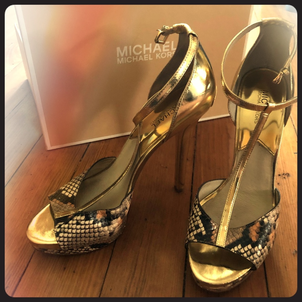 Micheal Kors Snake Skin and Gold Open Toe Heels